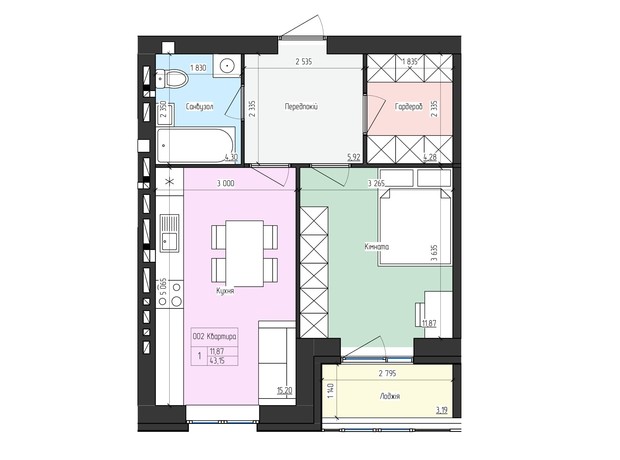 ЖК SkyCity: планування 1-кімнатної квартири 43.15 м²