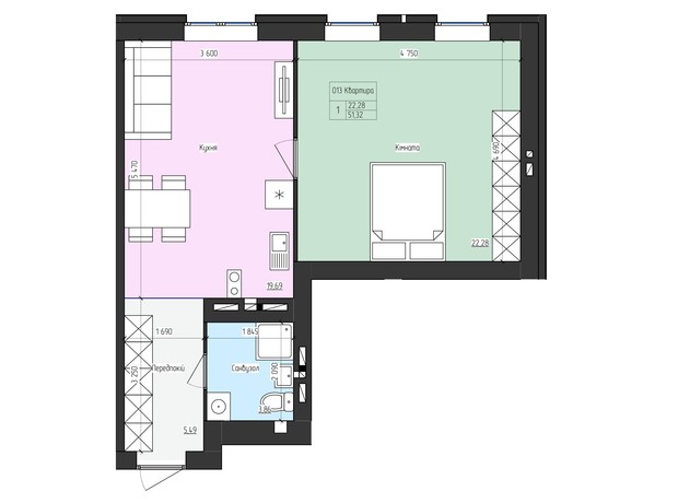 ЖК SkyCity: планування 1-кімнатної квартири 51.32 м²