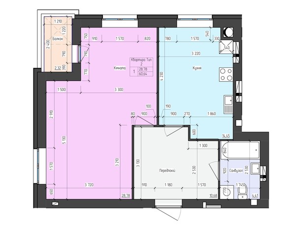 ЖК SkyCity: планировка 1-комнатной квартиры 60.64 м²
