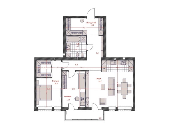 ЖК Оскар: планировка 2-комнатной квартиры 112 м²