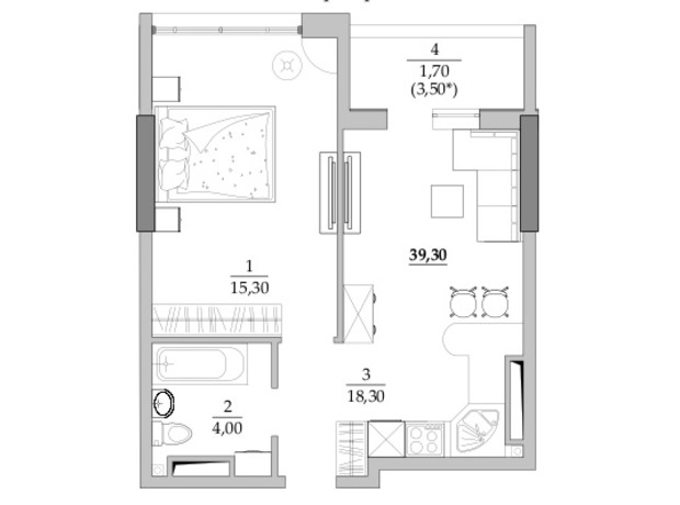 ЖК Таїровські сади: планування 1-кімнатної квартири 39.1 м²