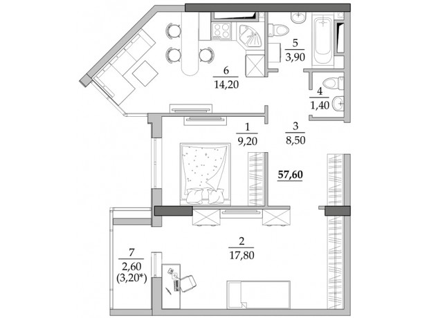 ЖК Таировские сады: планировка 2-комнатной квартиры 57.6 м²