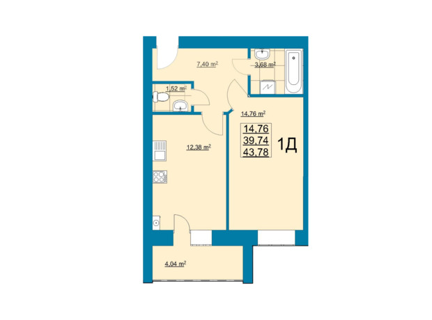 ЖК Незалежність: планування 1-кімнатної квартири 43.78 м²