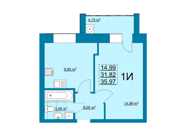 ЖК Незалежність: планування 1-кімнатної квартири 35.97 м²