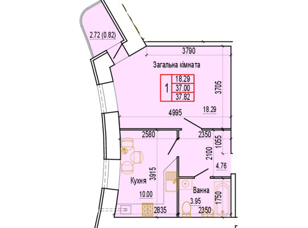 ЖК Everest : планування 1-кімнатної квартири 37.82 м²