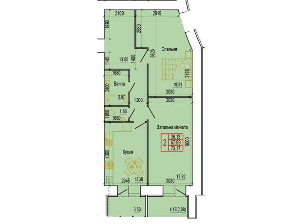 ЖК Everest : планування 2-кімнатної квартири 73.17 м²