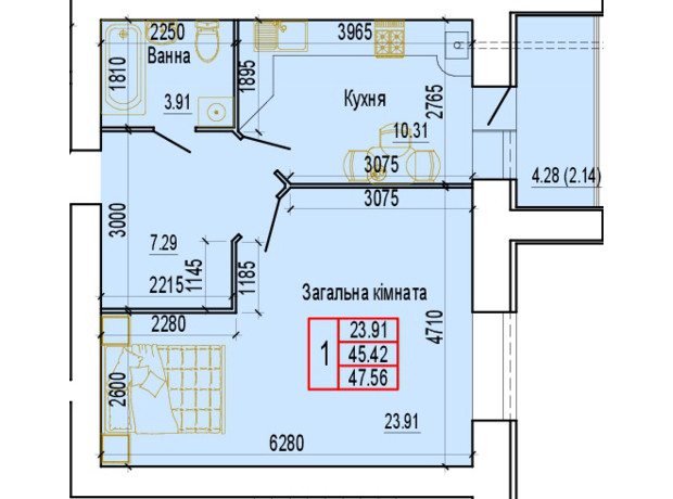 ЖК Everest: планировка 1-комнатной квартиры 47.56 м²