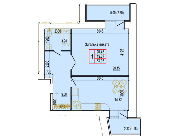 ЖК Everest : планування 1-кімнатної квартири 53.93 м²