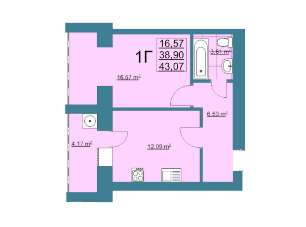 ЖК Незалежність: планування 1-кімнатної квартири 43.07 м²