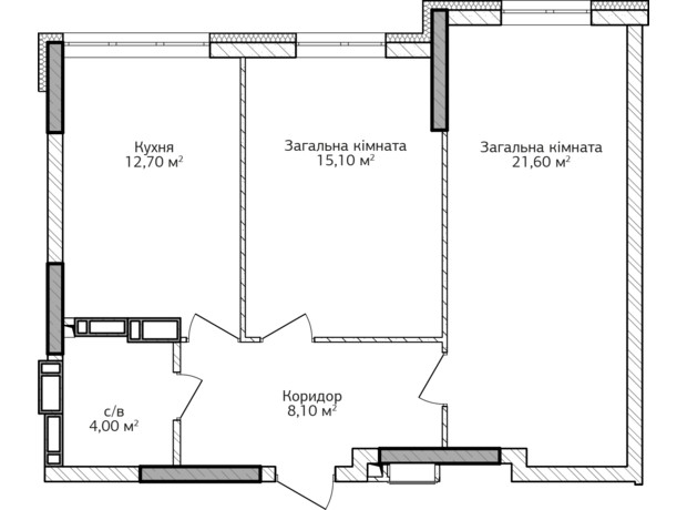 ЖК City Park 2: планировка 2-комнатной квартиры 62.6 м²