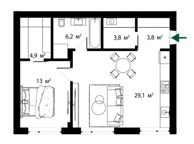 ЖК Sherwood: планировка 2-комнатной квартиры 61 м²