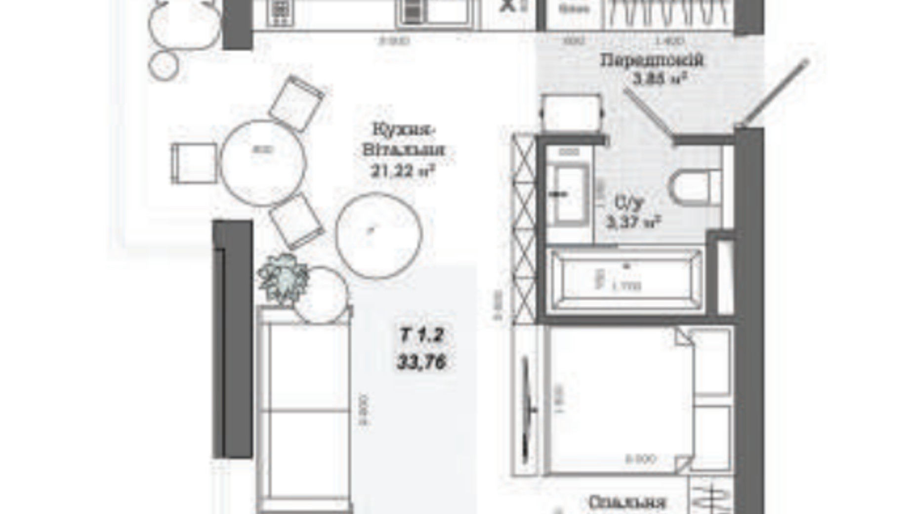 Планировка 1-комнатной квартиры в ЖК Приватний 33.76 м², фото 538969