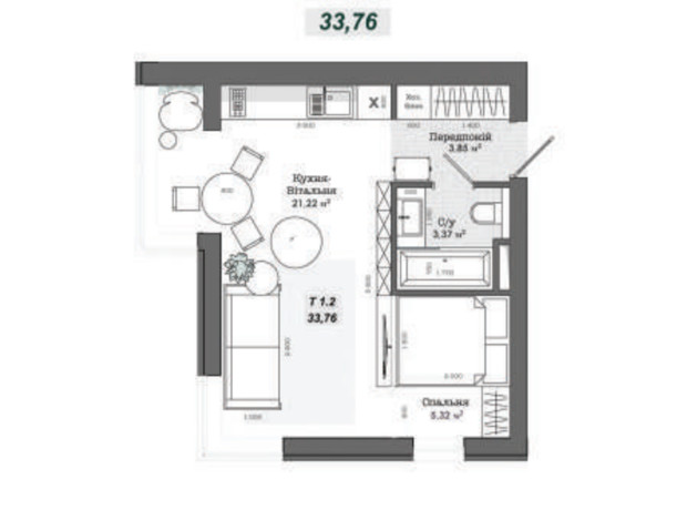 ЖК Приватний: планування 1-кімнатної квартири 33.76 м²