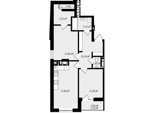 ЖК Globus Elite 2: планировка 2-комнатной квартиры 65.1 м²