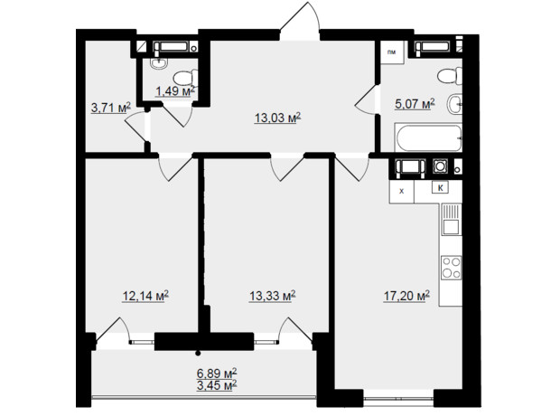 ЖК Globus Elite 2: планировка 2-комнатной квартиры 69.42 м²