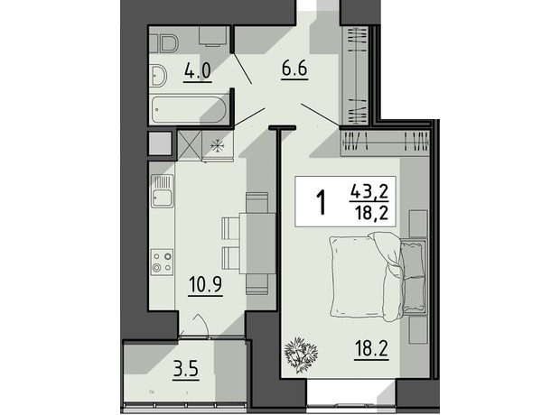 ЖК Файне місто: планировка 1-комнатной квартиры 43.2 м²