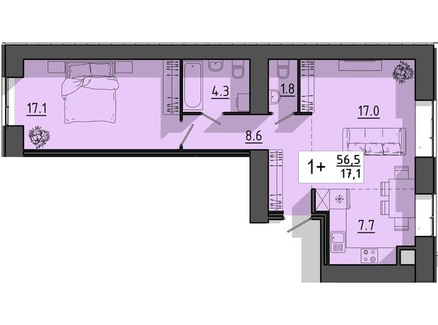 ЖК Файне місто: планування 1-кімнатної квартири 56.5 м²