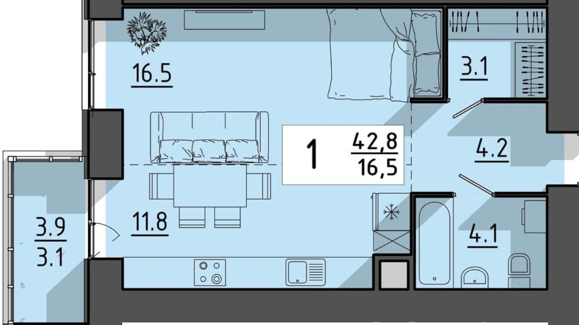 Планування 1-кімнатної квартири в ЖК Файне місто 42.8 м², фото 539416