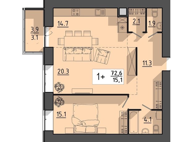 ЖК Файне місто: планировка 1-комнатной квартиры 72.6 м²