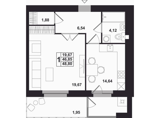 ЖК Західна вежа: планировка 1-комнатной квартиры 44.86 м²