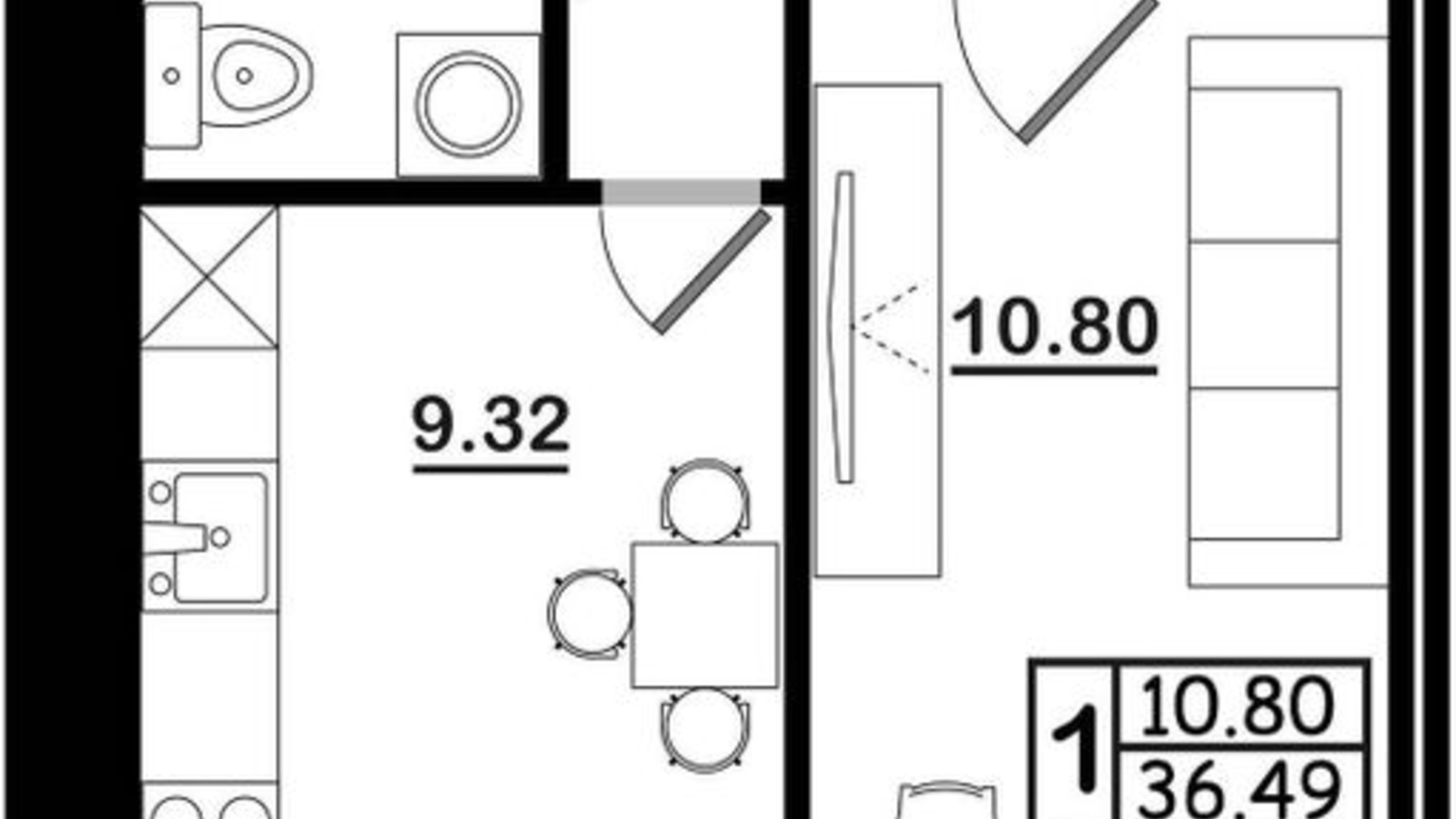 Планування 1-кімнатної квартири в ЖК Західна вежа 35.53 м², фото 539475