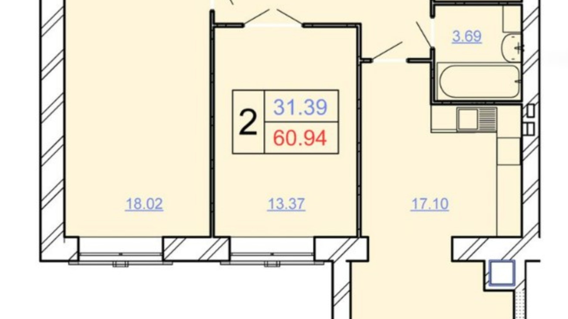 Планування 2-кімнатної квартири в ЖК Avila Lux ll 62.37 м², фото 539499