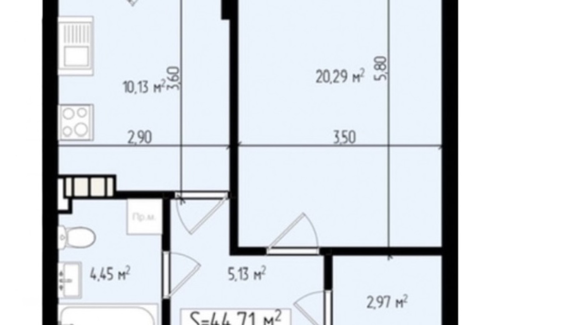 Планировка 1-комнатной квартиры в ЖК Mala Praha 44.71 м², фото 539580