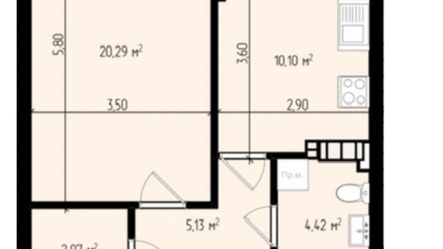 Планування 1-кімнатної квартири в ЖК Mala Praha 44.71 м², фото 539581