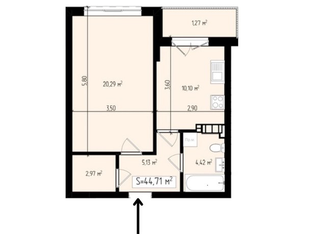 ЖК Mala Praha: планировка 1-комнатной квартиры 44.71 м²