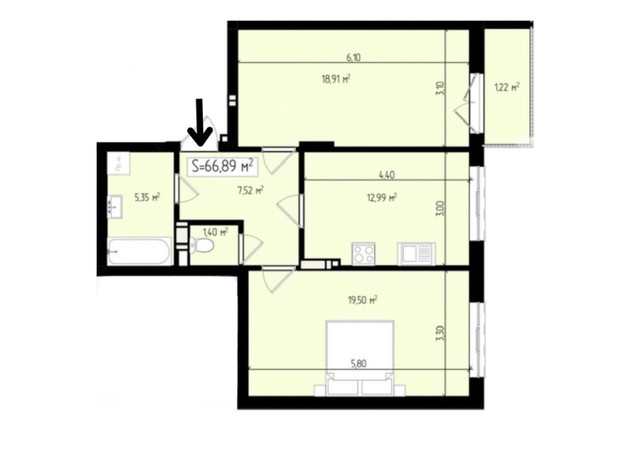 ЖК Mala Praha: планировка 2-комнатной квартиры 66.89 м²