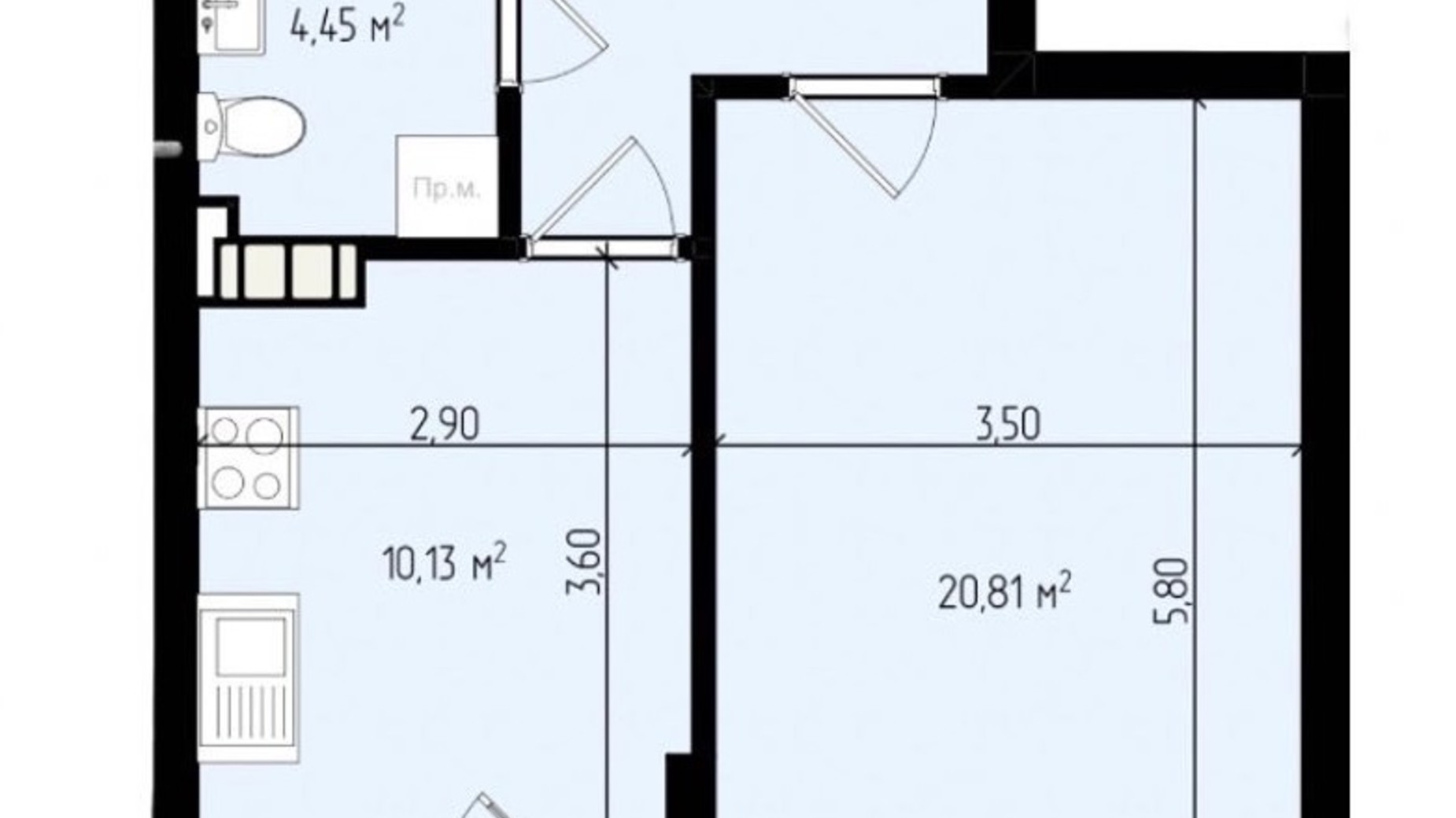 Планировка 1-комнатной квартиры в ЖК Mala Praha 42.03 м², фото 539590