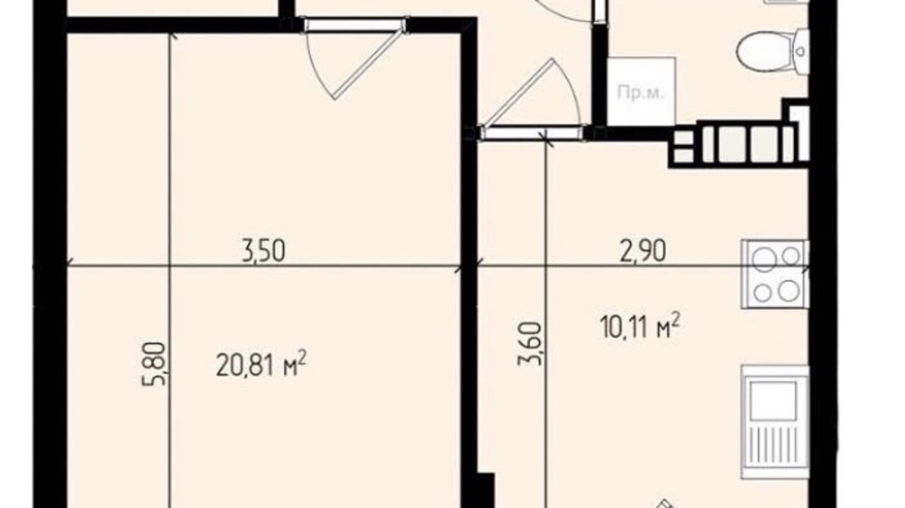 Планировка 1-комнатной квартиры в ЖК Mala Praha 44.71 м², фото 539592