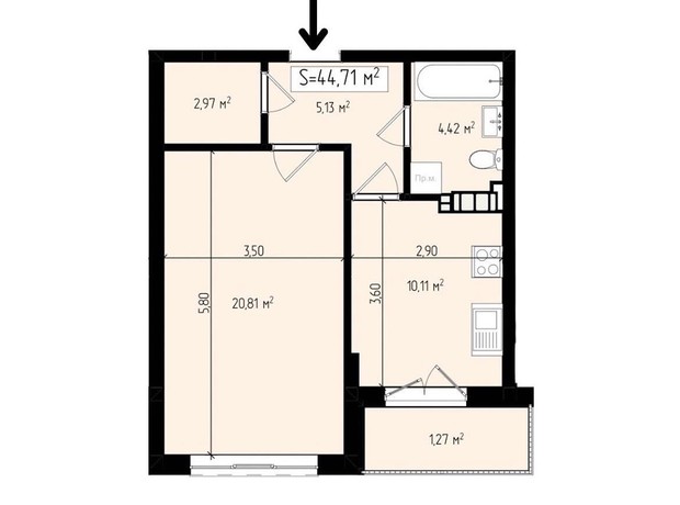 ЖК Mala Praha: планування 1-кімнатної квартири 44.71 м²