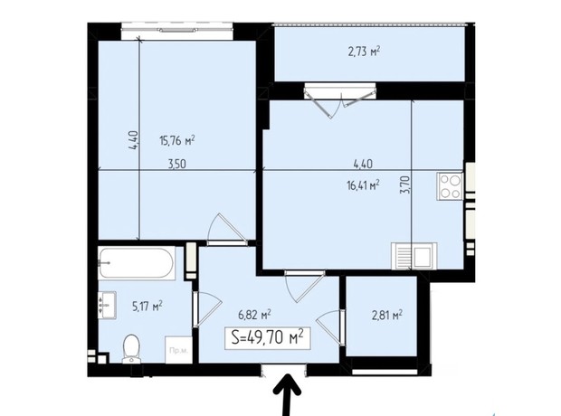 ЖК Mala Praha: планування 1-кімнатної квартири 49.7 м²