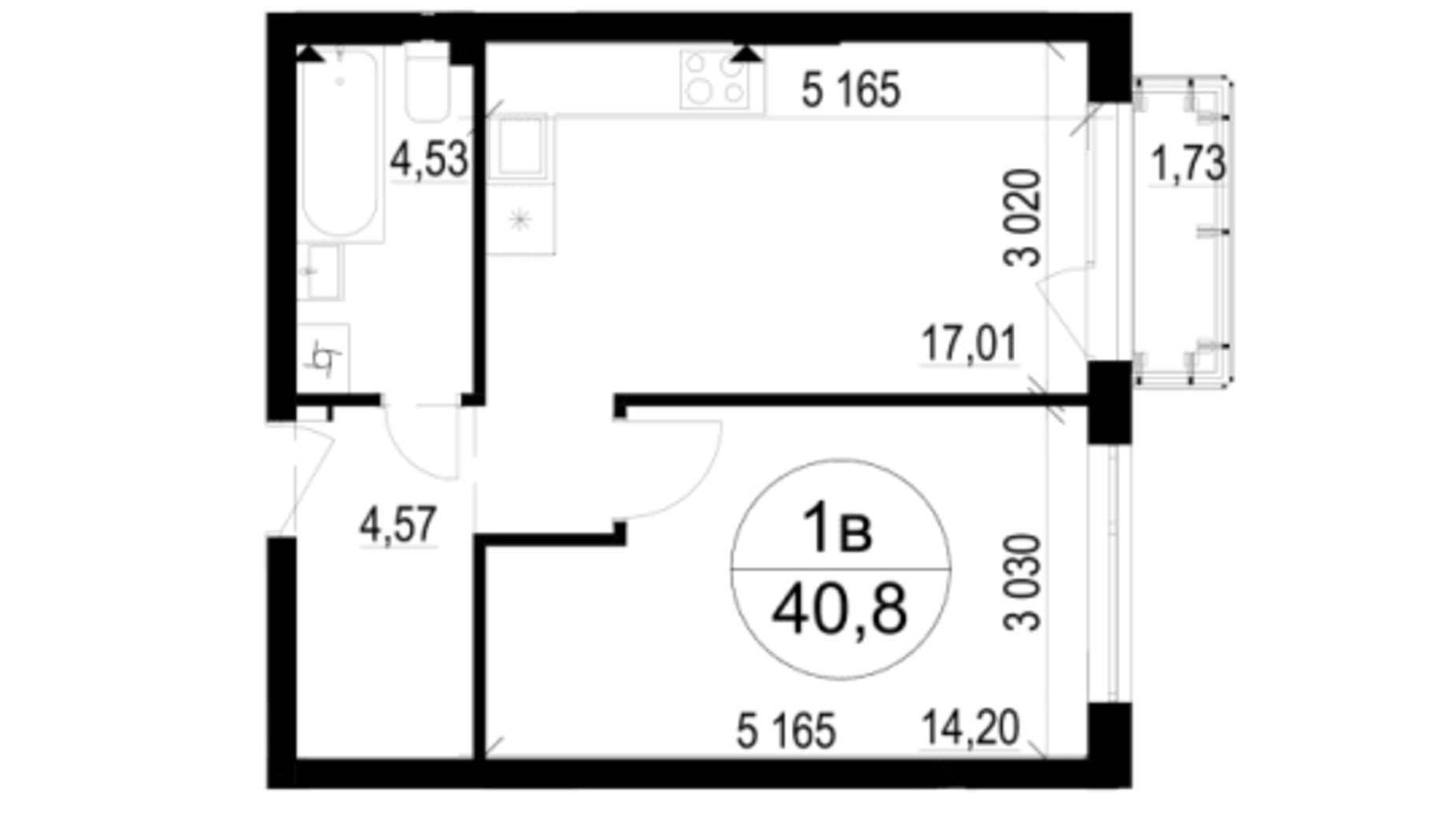 Планування 1-кімнатної квартири в ЖК Грінвуд-3 40.8 м², фото 539694
