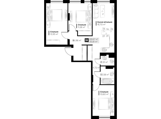 ЖК PERFECT LIFE: планування 3-кімнатної квартири 69.67 м²