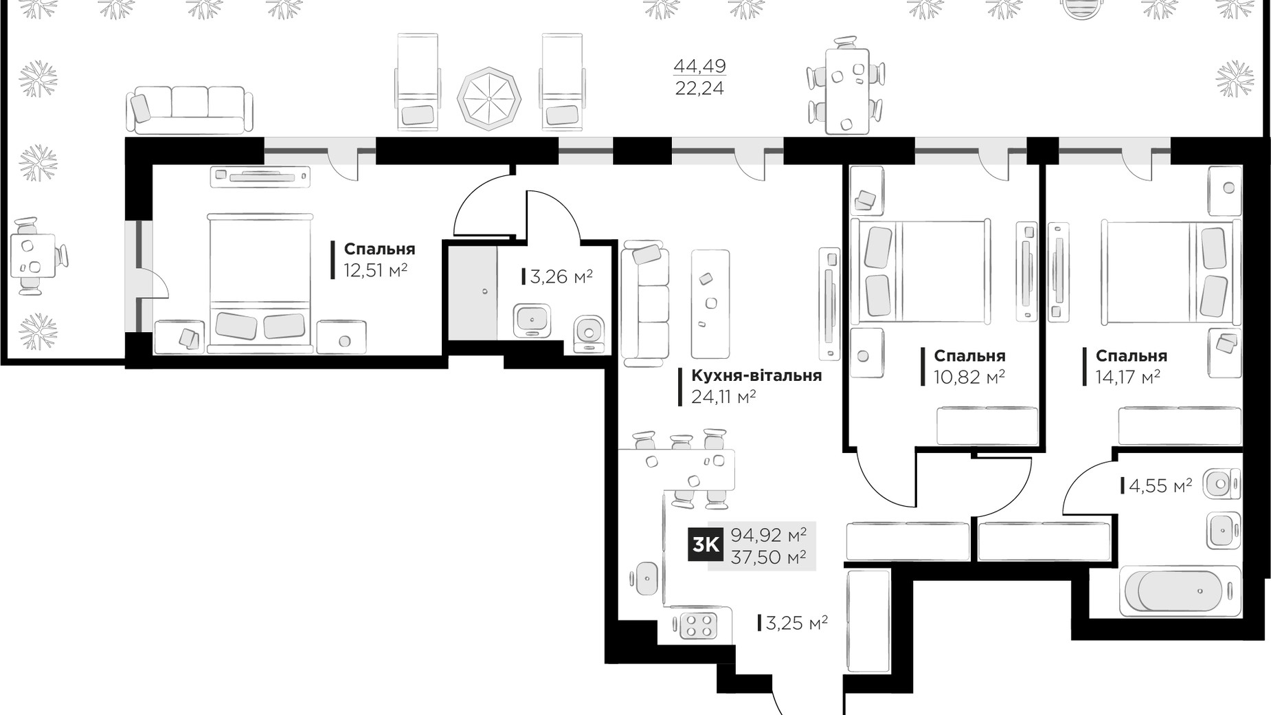 Планування 3-кімнатної квартири в ЖК PERFECT LIFE 94.92 м², фото 539761