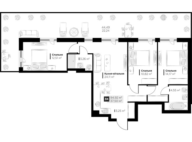 ЖК PERFECT LIFE: планировка 3-комнатной квартиры 94.92 м²