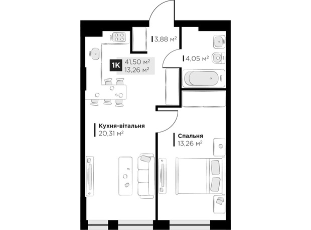 ЖК PERFECT LIFE: планировка 1-комнатной квартиры 41.5 м²