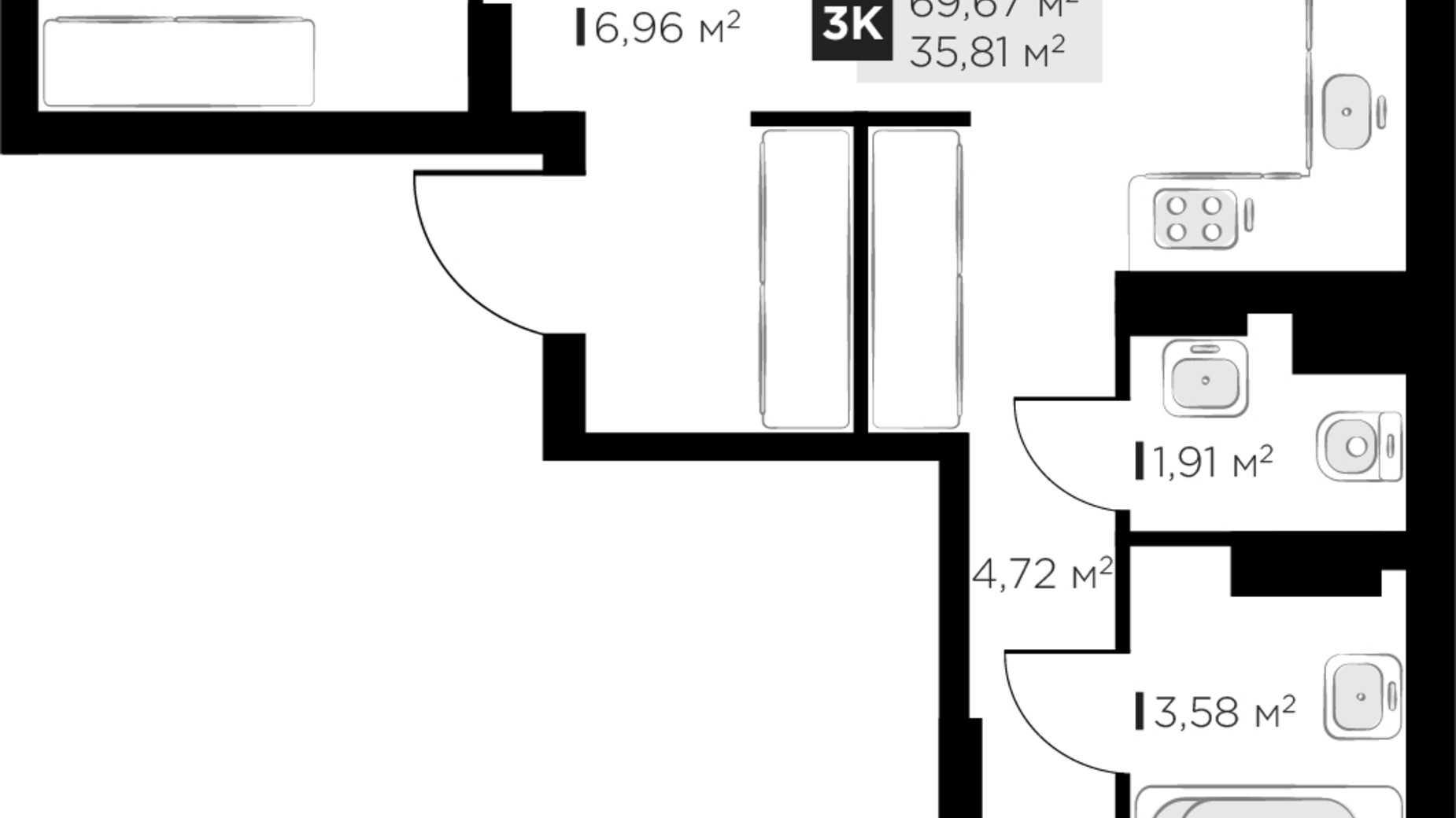Планування 3-кімнатної квартири в ЖК PERFECT LIFE 69.67 м², фото 539765