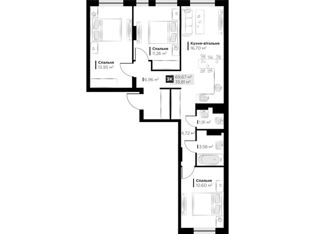 ЖК PERFECT LIFE: планировка 3-комнатной квартиры 69.67 м²