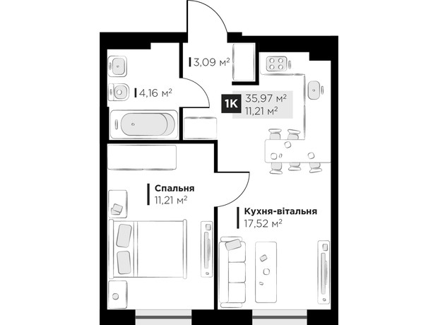 ЖК PERFECT LIFE: планування 1-кімнатної квартири 35.97 м²