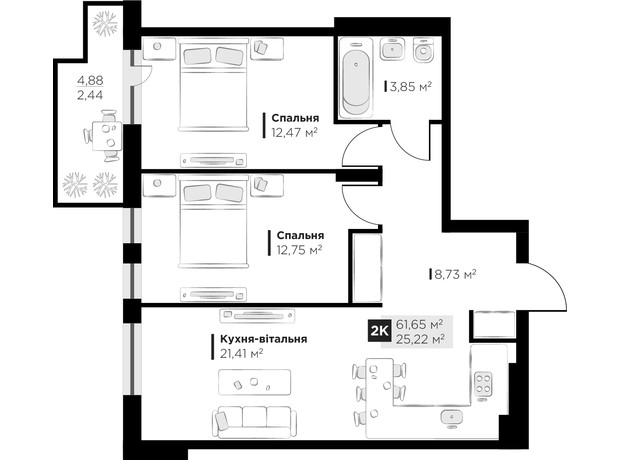 ЖК PERFECT LIFE: планировка 2-комнатной квартиры 61.65 м²