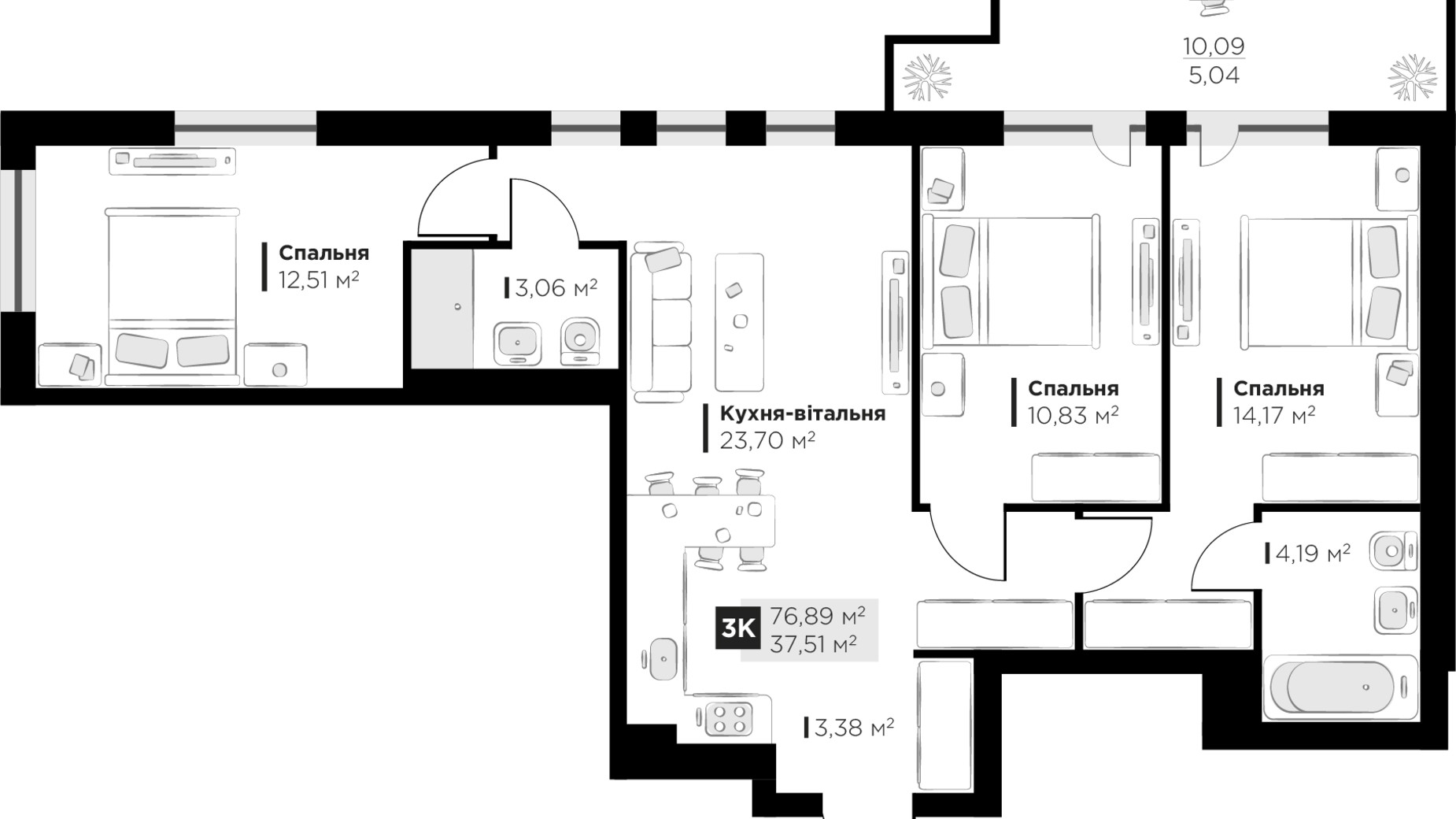 Планування 3-кімнатної квартири в ЖК PERFECT LIFE 76.89 м², фото 539775