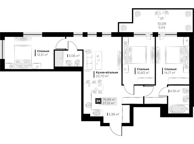 ЖК PERFECT LIFE: планировка 3-комнатной квартиры 76.89 м²