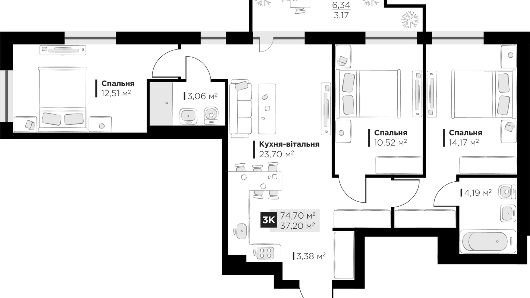 Планування 3-кімнатної квартири в ЖК PERFECT LIFE 74.7 м², фото 539776