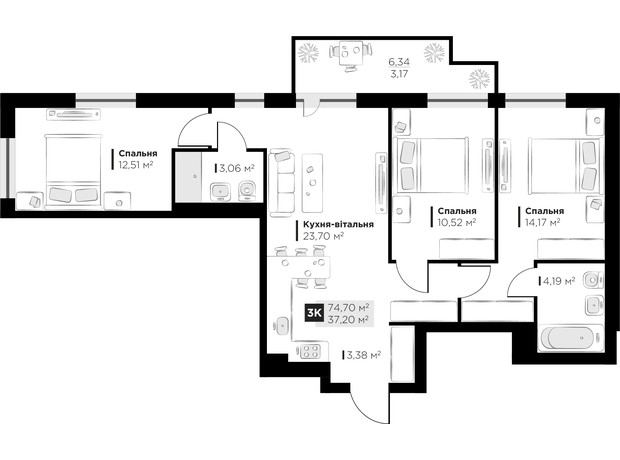 ЖК PERFECT LIFE: планировка 3-комнатной квартиры 74.7 м²