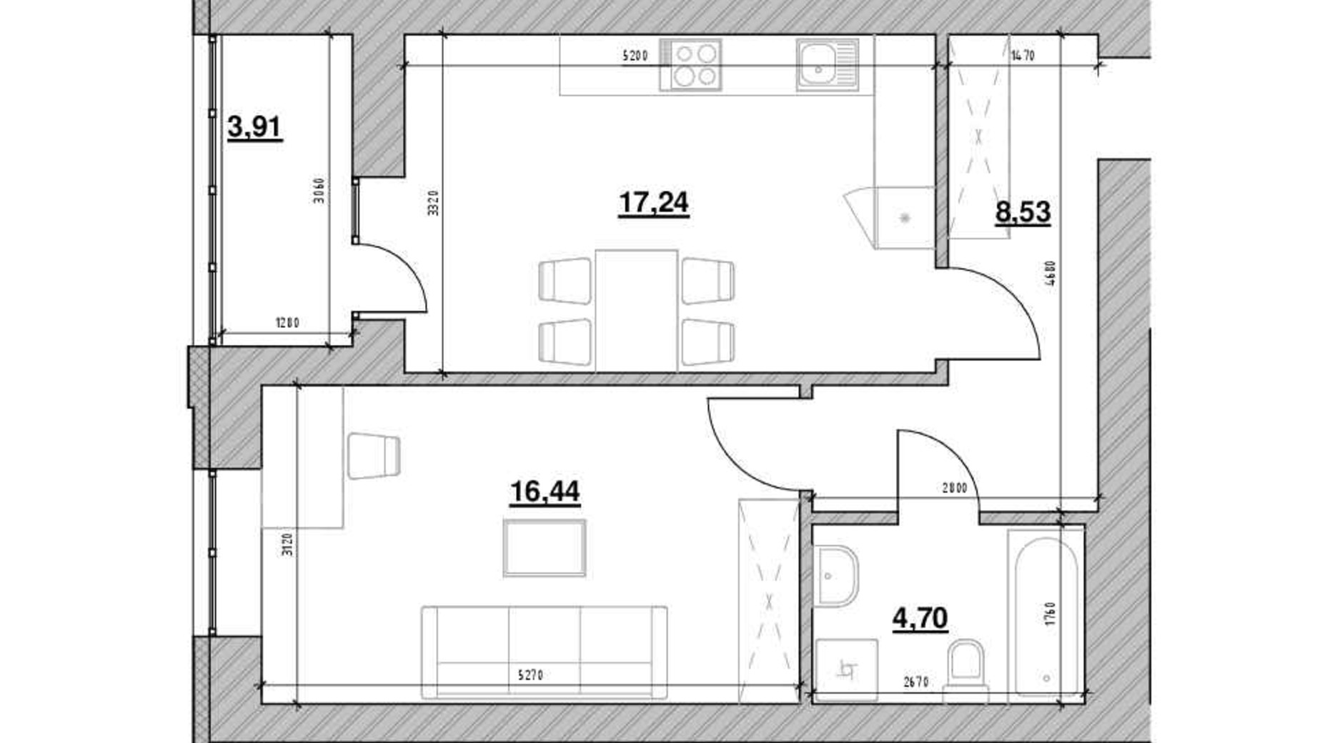 Планировка 1-комнатной квартиры в ЖК Шенген 52.26 м², фото 539792