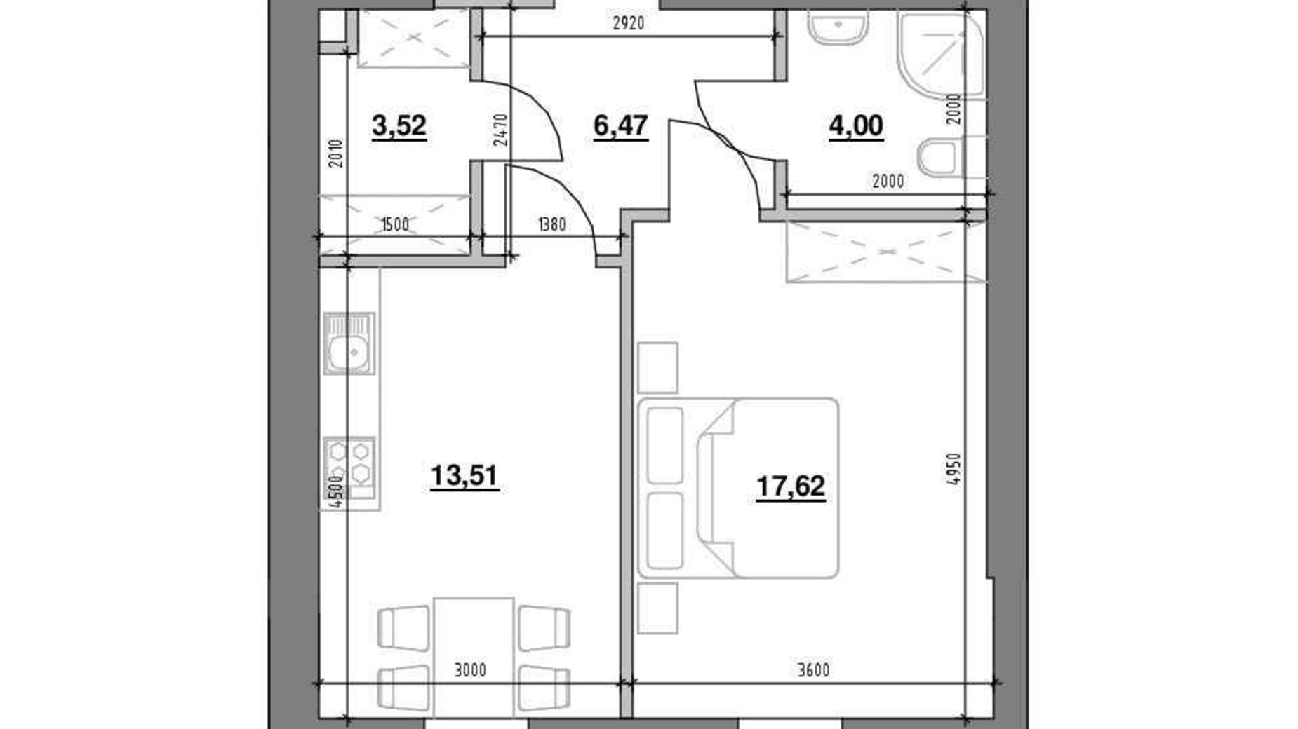 Планування 1-кімнатної квартири в ЖК Шенген 45.12 м², фото 539794