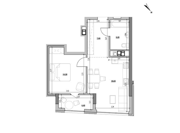 ЖК Ярославенко: планировка 1-комнатной квартиры 50.8 м²
